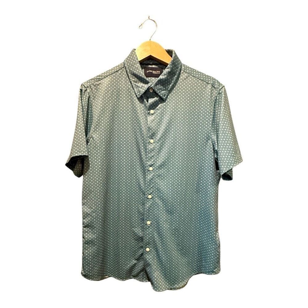 Jachs New‎ York Mens Short Sleeve Button Down Shirt Green MicrDot Pattern Size M
